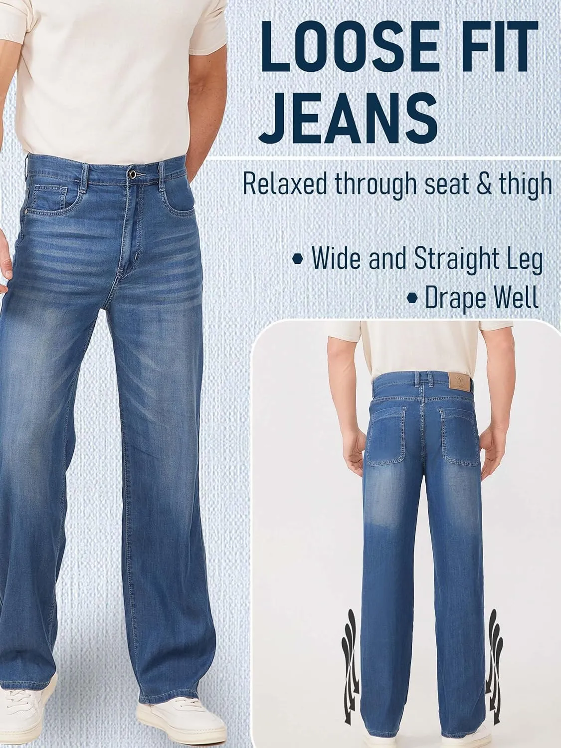 Mens Lyocell Loose Fit Jeans Business Casual Thin and Light Summer Baggy Denim Pants