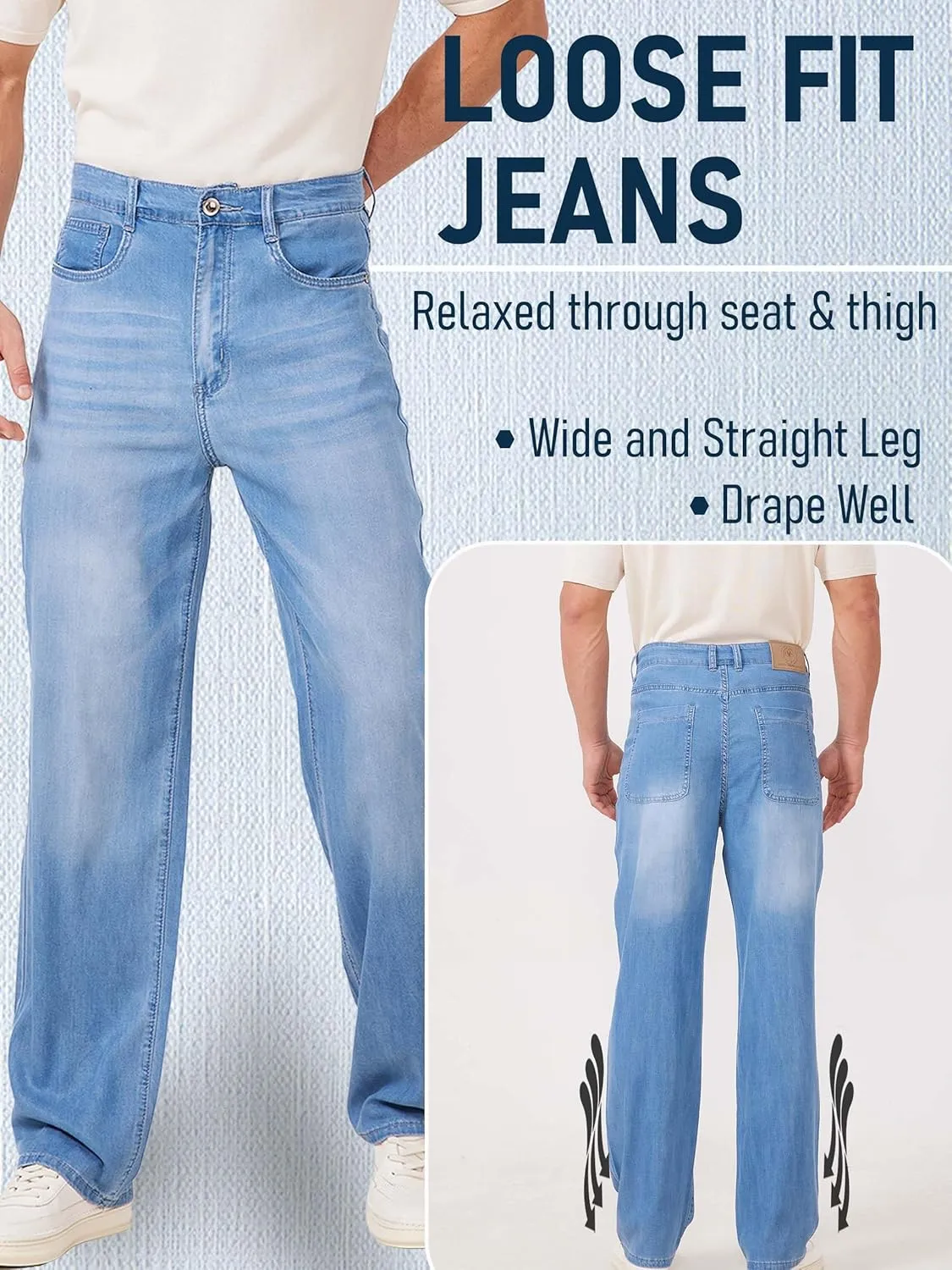Mens Lyocell Loose Fit Jeans Business Casual Thin and Light Summer Baggy Denim Pants