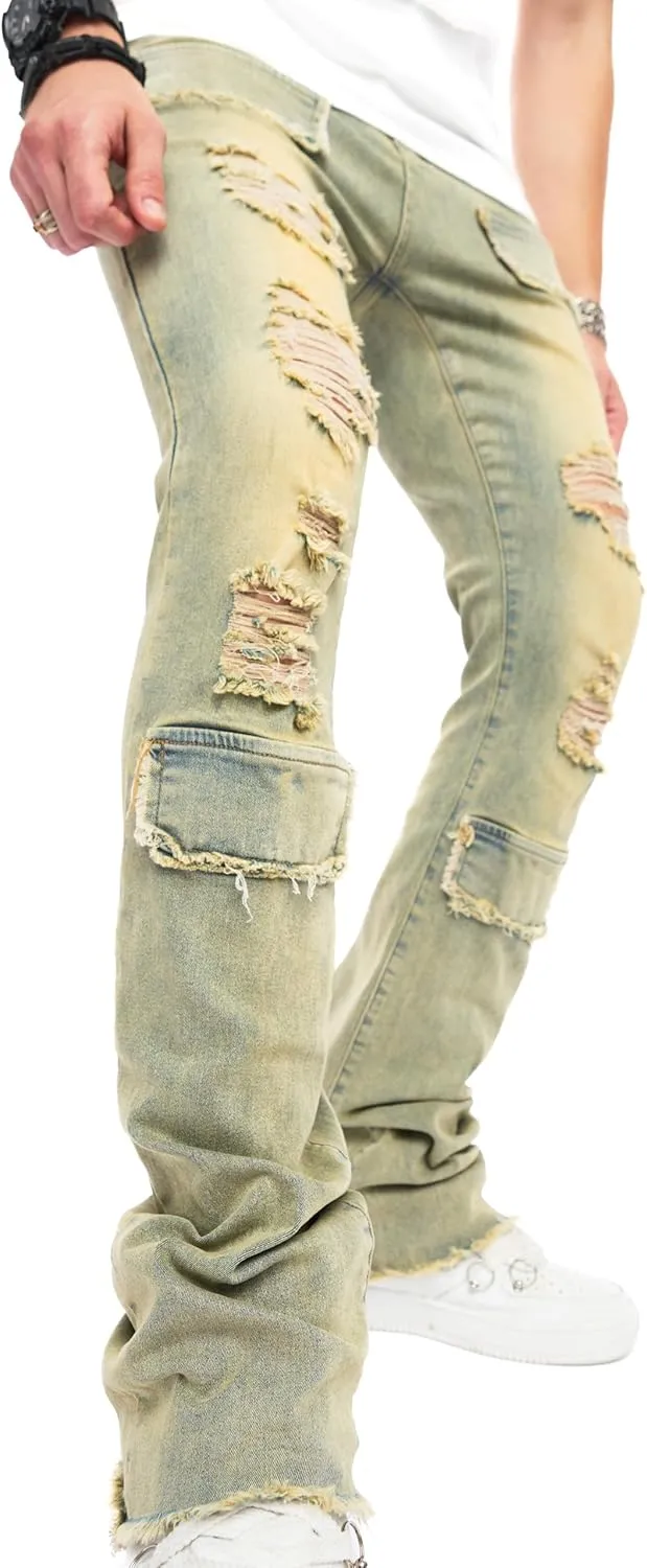 Men's Stacked Jeans Skinny Fit Stretch Jeans Patched Side Striped Straight Leg Denim Male Pants