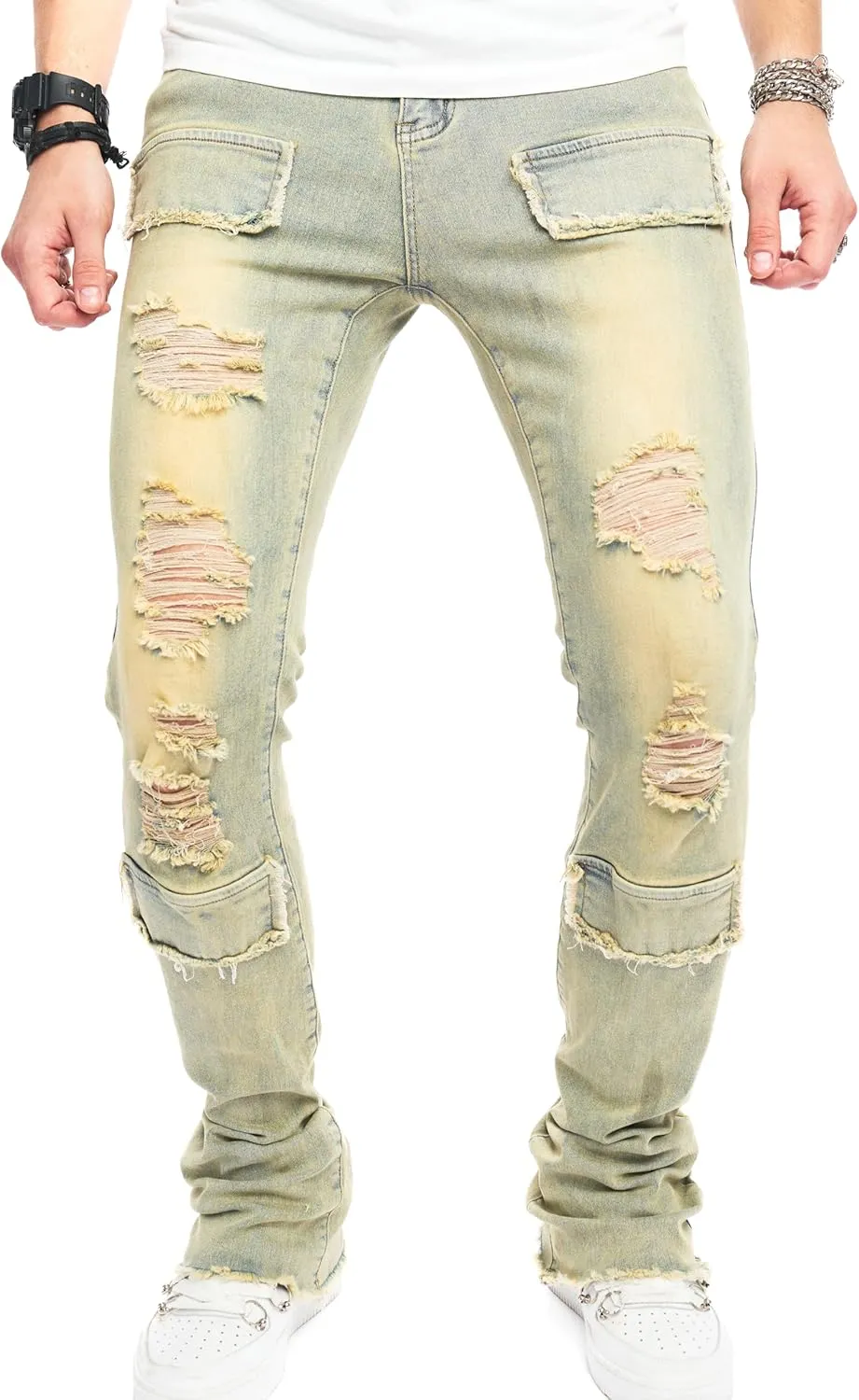 Men's Stacked Jeans Skinny Fit Stretch Jeans Patched Side Striped Straight Leg Denim Male Pants