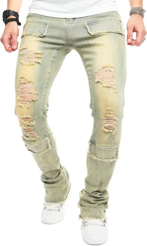 Men's Stacked Jeans Skinny Fit Stretch Jeans Patched Side Striped Straight Leg Denim Male Pants