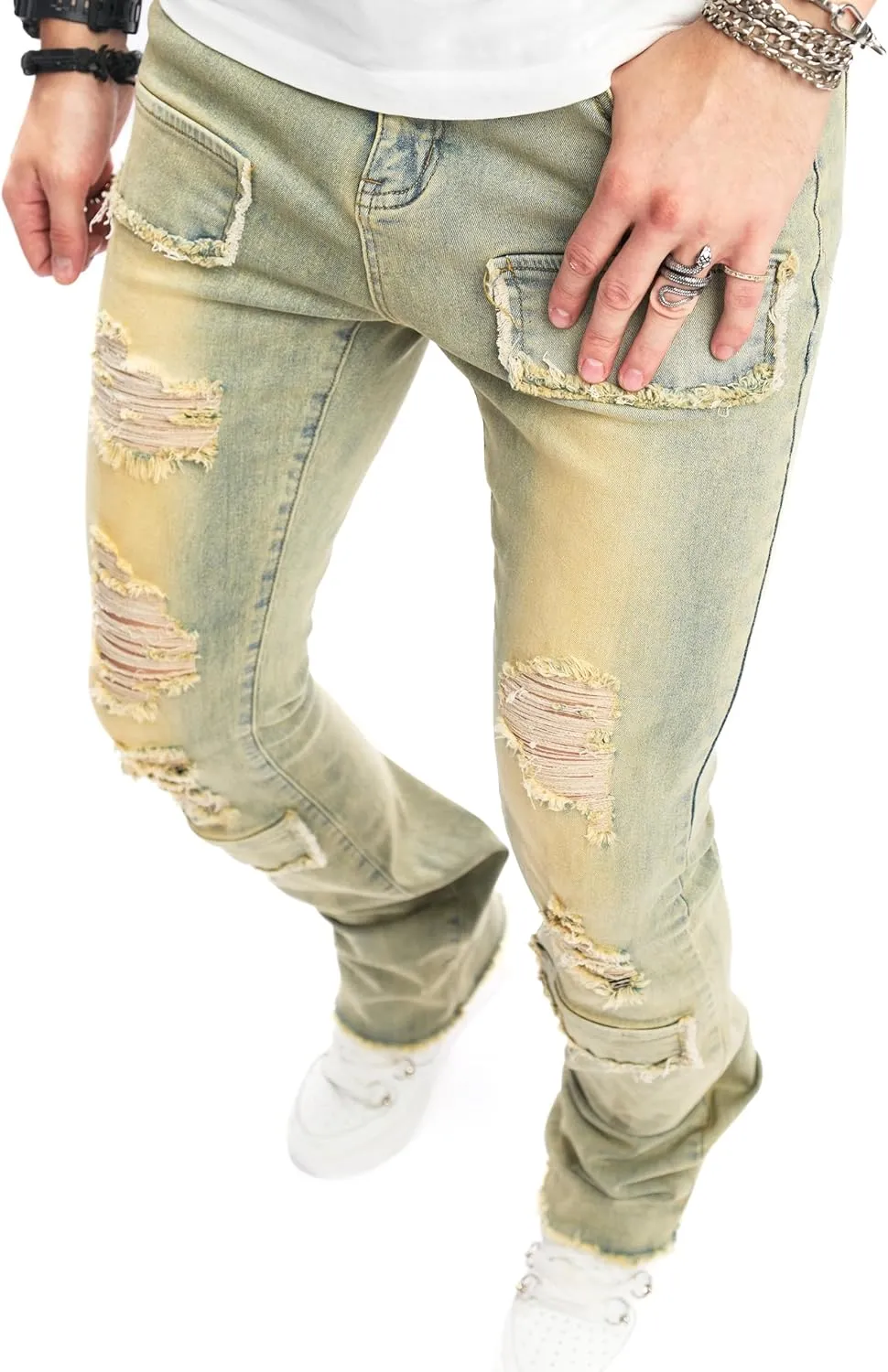 Men's Stacked Jeans Skinny Fit Stretch Jeans Patched Side Striped Straight Leg Denim Male Pants