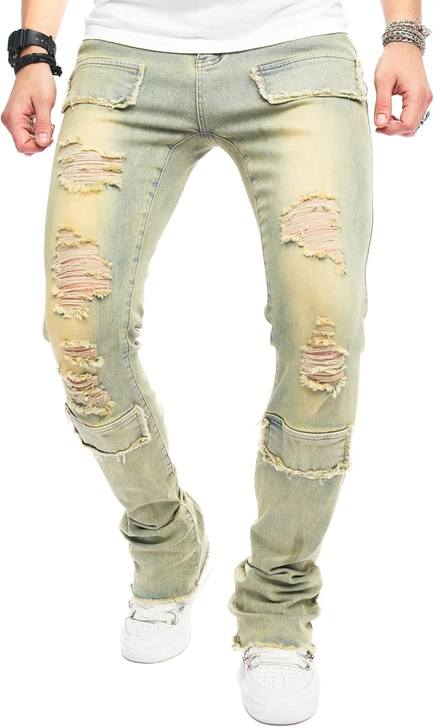 Men's Stacked Jeans Skinny Fit Stretch Jeans Patched Side Striped Straight Leg Denim Male Pants
