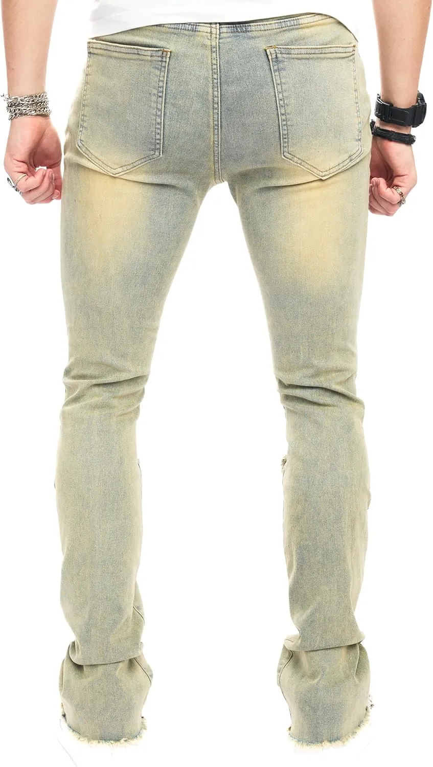 Men's Stacked Jeans Skinny Fit Stretch Jeans Patched Side Striped Straight Leg Denim Male Pants