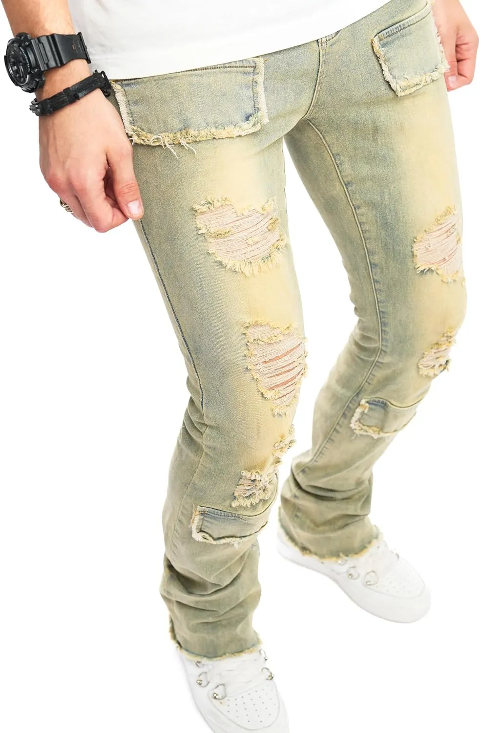 Men's Stacked Jeans Skinny Fit Stretch Jeans Patched Side Striped Straight Leg Denim Male Pants
