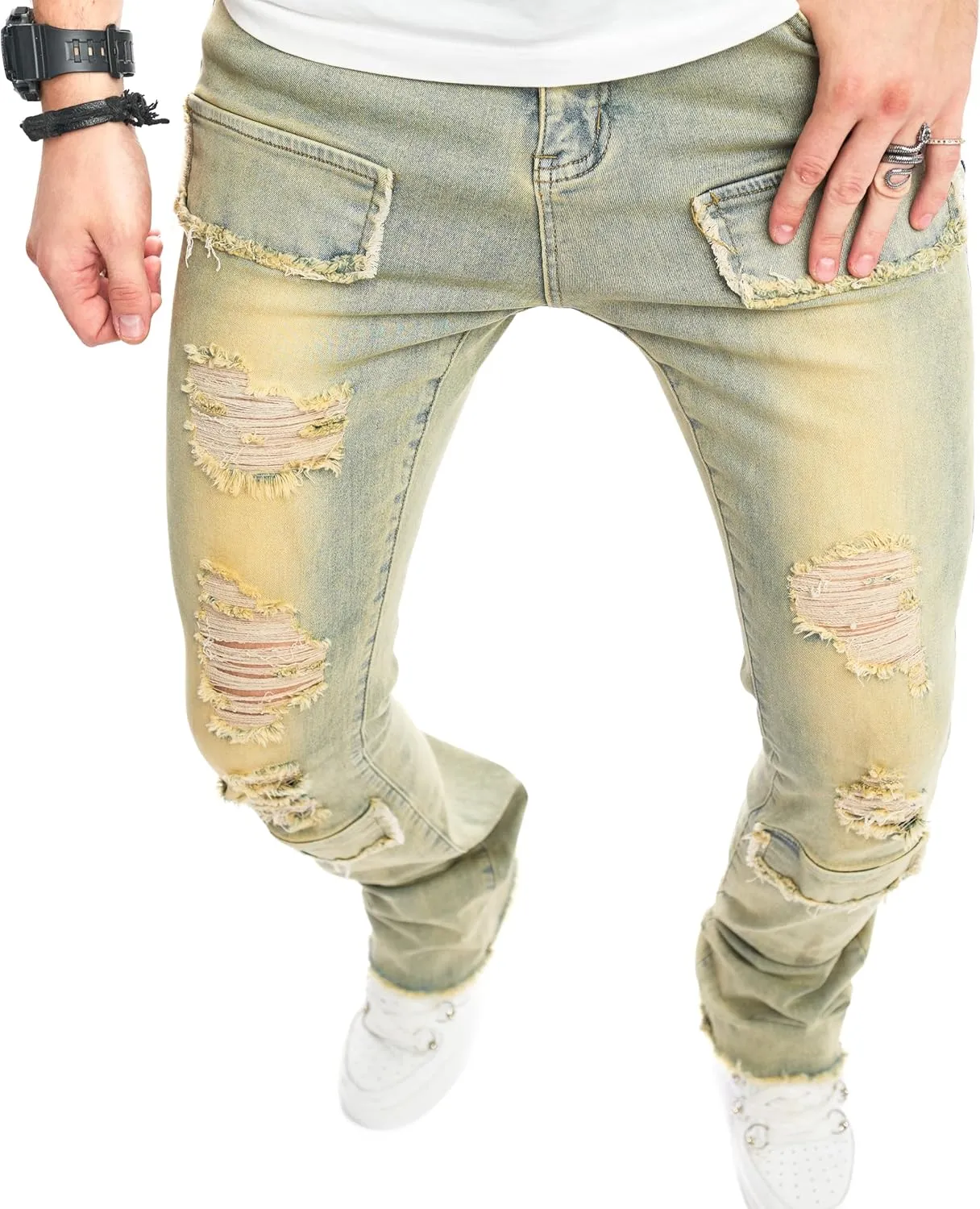 Men's Stacked Jeans Skinny Fit Stretch Jeans Patched Side Striped Straight Leg Denim Male Pants