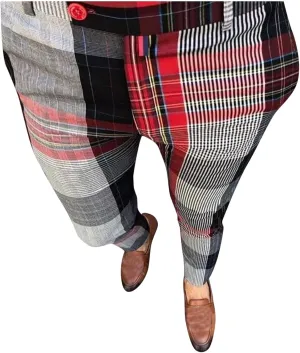 Mens Stretch Plaid Dress Pants Slim Fit Flat-Front Casual Skinny Chinos Business Fashion Golf Pencil Tapered Trousers