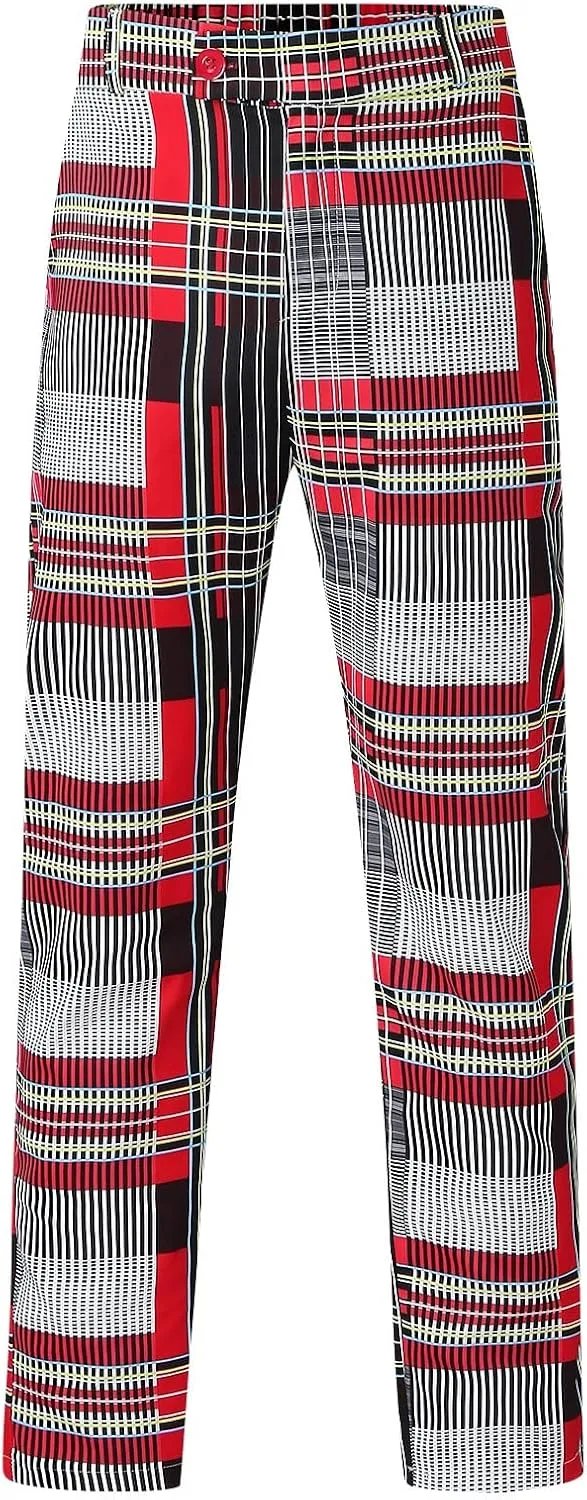 Mens Stretch Plaid Dress Pants Slim Fit Flat-Front Casual Skinny Chinos Business Fashion Golf Pencil Tapered Trousers