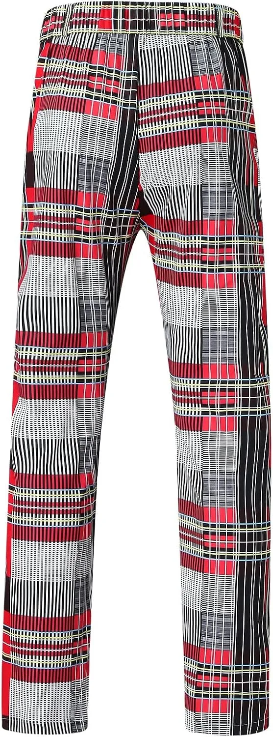 Mens Stretch Plaid Dress Pants Slim Fit Flat-Front Casual Skinny Chinos Business Fashion Golf Pencil Tapered Trousers