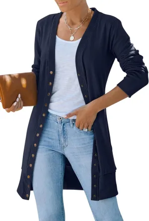 MEROKEETY Women's 2025 Fall Long Sleeve Snap Button Down Solid Color Knit Ribbed Neckline Cardigans