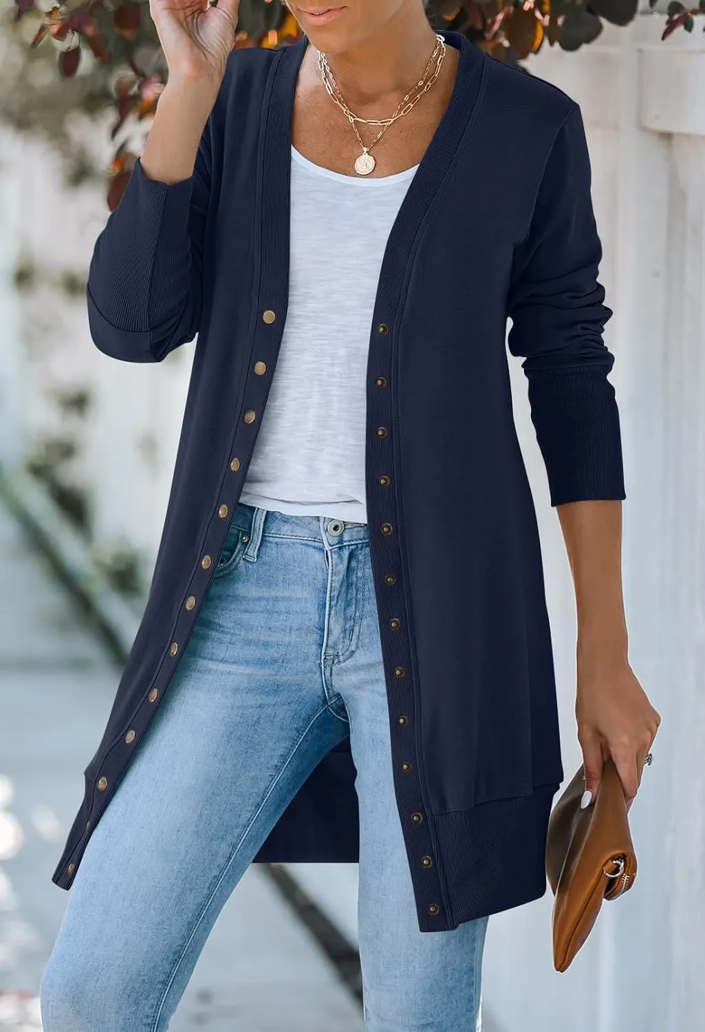 MEROKEETY Women's 2025 Fall Long Sleeve Snap Button Down Solid Color Knit Ribbed Neckline Cardigans