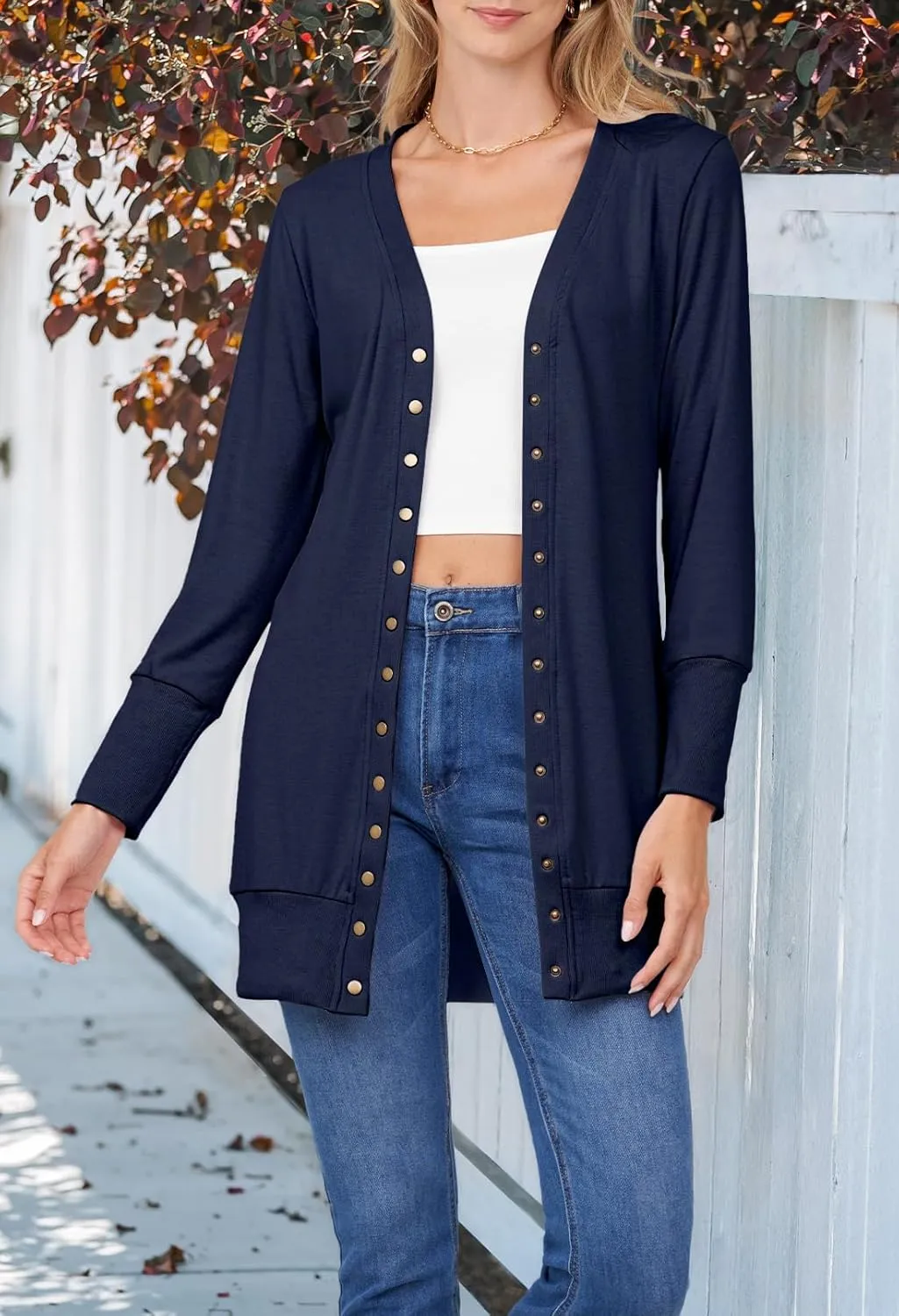 MEROKEETY Women's 2025 Fall Long Sleeve Snap Button Down Solid Color Knit Ribbed Neckline Cardigans