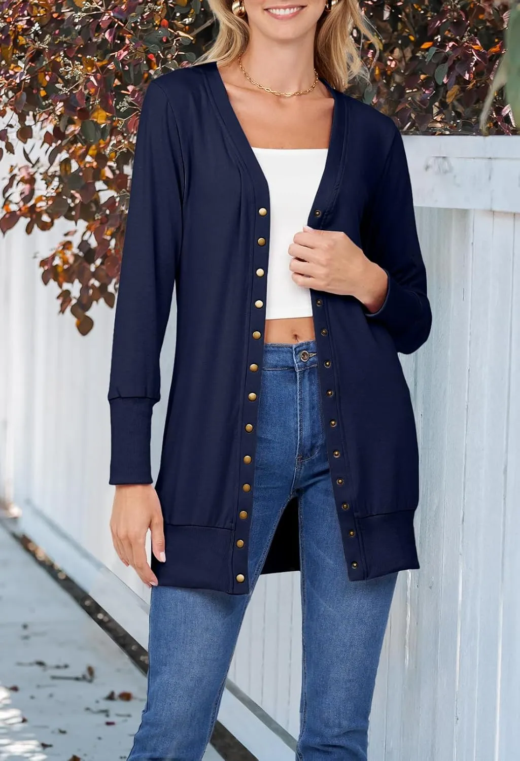 MEROKEETY Women's 2025 Fall Long Sleeve Snap Button Down Solid Color Knit Ribbed Neckline Cardigans