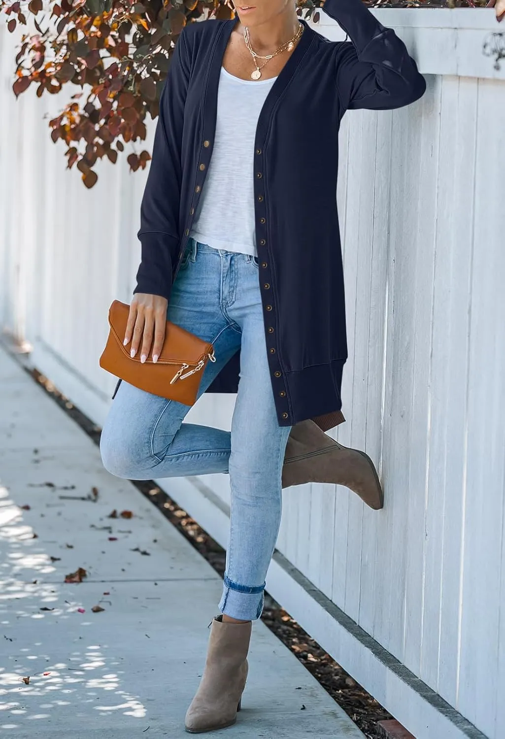 MEROKEETY Women's 2025 Fall Long Sleeve Snap Button Down Solid Color Knit Ribbed Neckline Cardigans