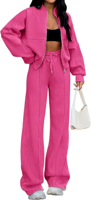 MEROKEETY Women's Fall 2 Piece Sweatsuits Set Long Sleeve Zip Up Sweatshirt Wide Leg Sweatpants Lounge Sets