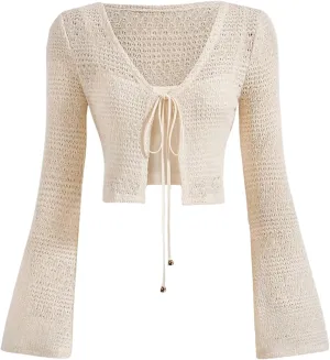 Milumia Women's Tie Front Crochet Cover Up V Neck Bell Long Sleeve Crop Cardigans