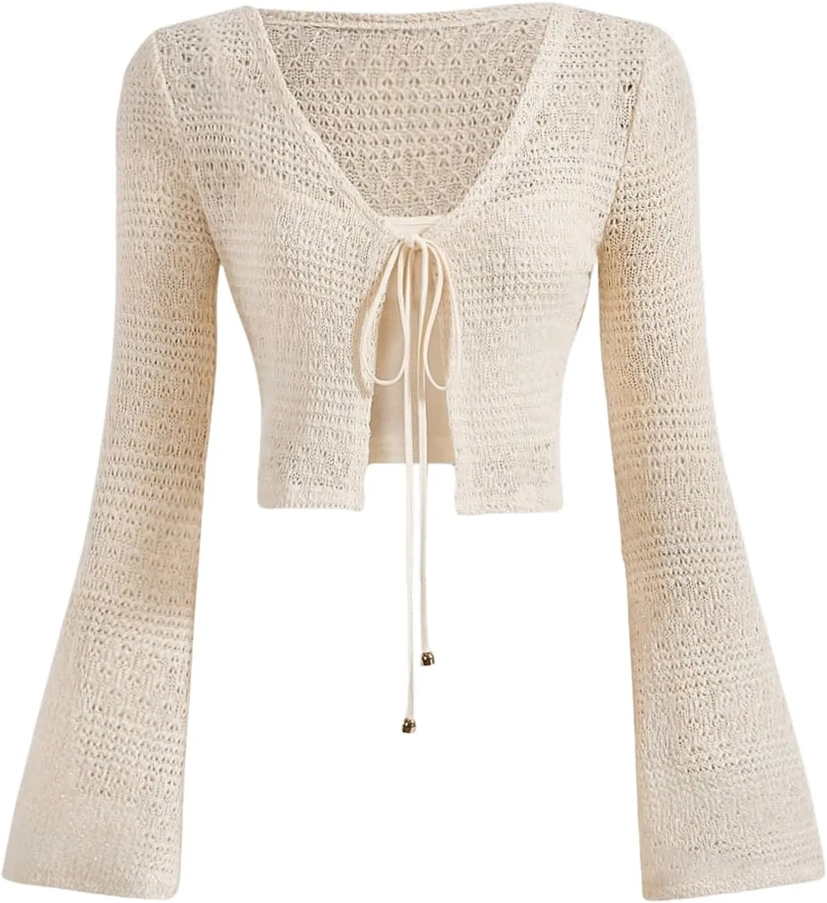 Milumia Women's Tie Front Crochet Cover Up V Neck Bell Long Sleeve Crop Cardigans