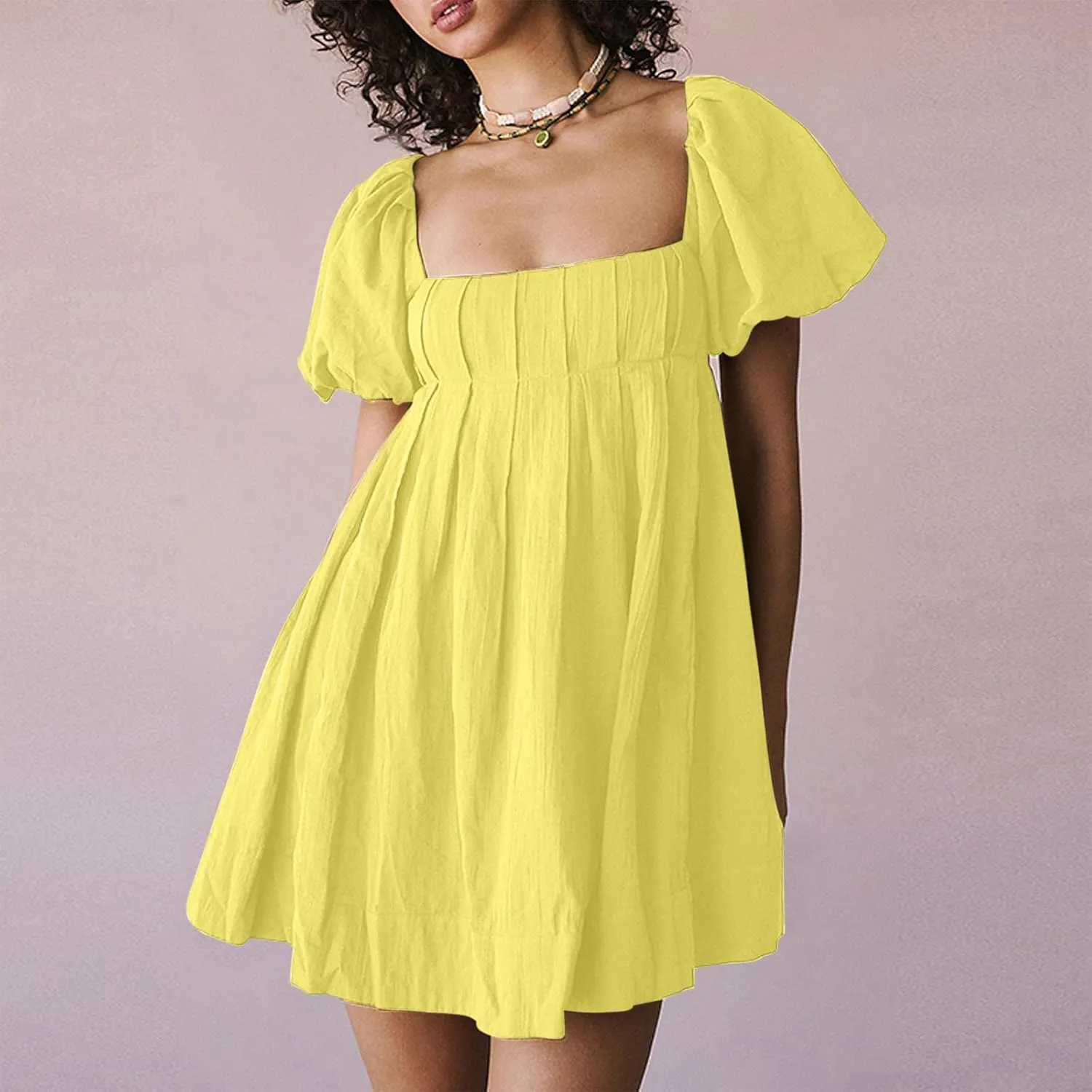 Mini Summer Dress Lounge 2024 Waist Puff Sleeve Knee Length Dresses Ruffle Ruched Solid Color Loose Short Dresses