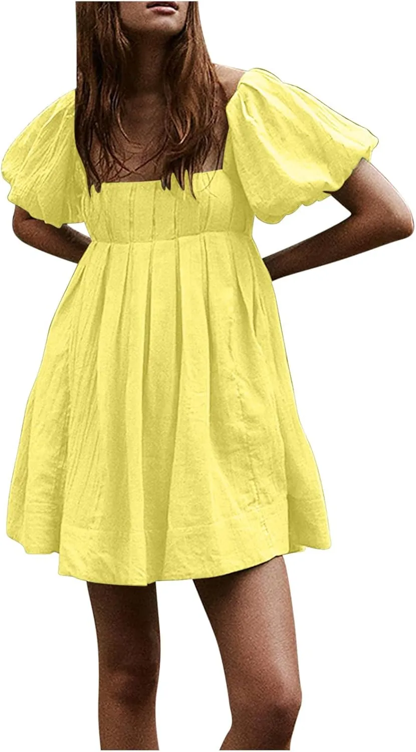 Mini Summer Dress Lounge 2024 Waist Puff Sleeve Knee Length Dresses Ruffle Ruched Solid Color Loose Short Dresses