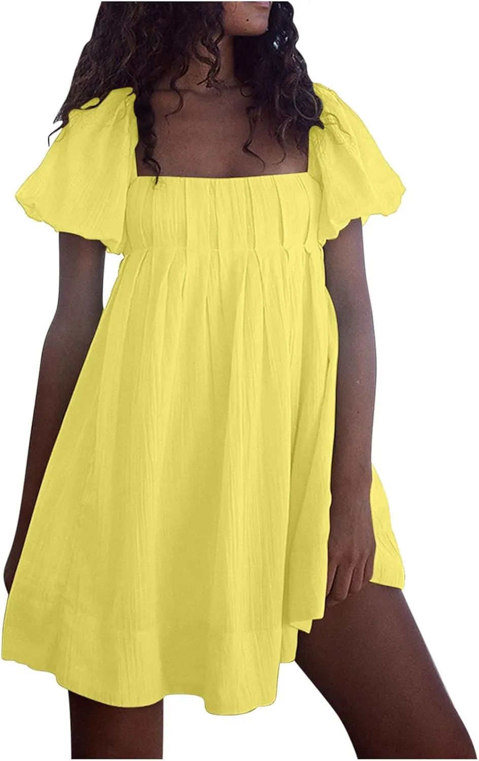 Mini Summer Dress Lounge 2024 Waist Puff Sleeve Knee Length Dresses Ruffle Ruched Solid Color Loose Short Dresses