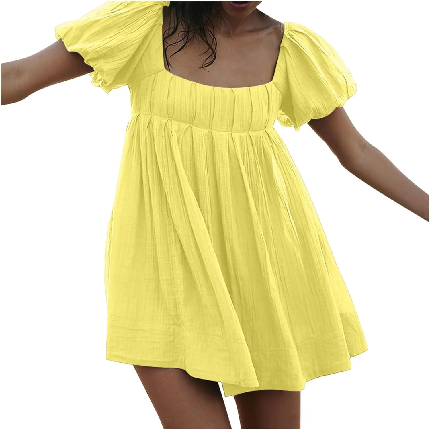 Mini Summer Dress Lounge 2024 Waist Puff Sleeve Knee Length Dresses Ruffle Ruched Solid Color Loose Short Dresses