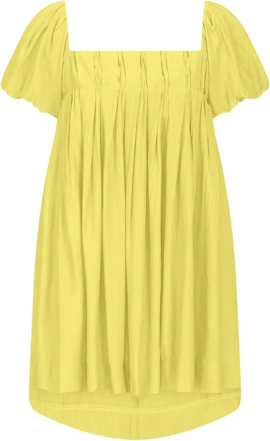 Mini Summer Dress Lounge 2024 Waist Puff Sleeve Knee Length Dresses Ruffle Ruched Solid Color Loose Short Dresses
