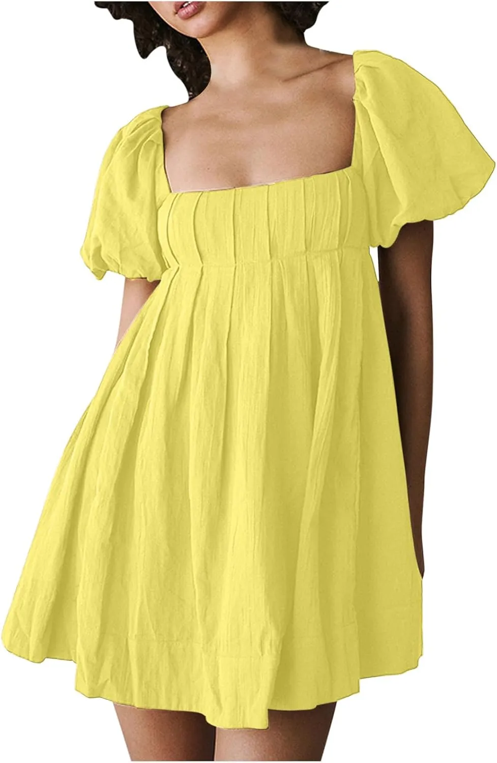 Mini Summer Dress Lounge 2024 Waist Puff Sleeve Knee Length Dresses Ruffle Ruched Solid Color Loose Short Dresses