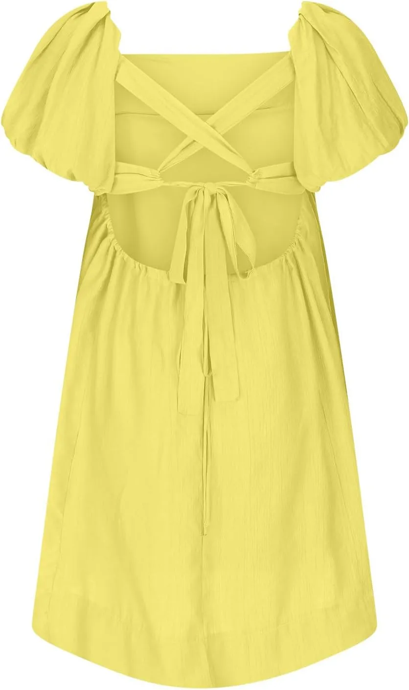 Mini Summer Dress Lounge 2024 Waist Puff Sleeve Knee Length Dresses Ruffle Ruched Solid Color Loose Short Dresses