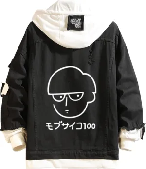 Mob Psycho 100 Denim Jacket Hoodie Kageyama Shigeo Cosplay Hooded Jeans Jacket Men Women Trucker Jeans Coat
