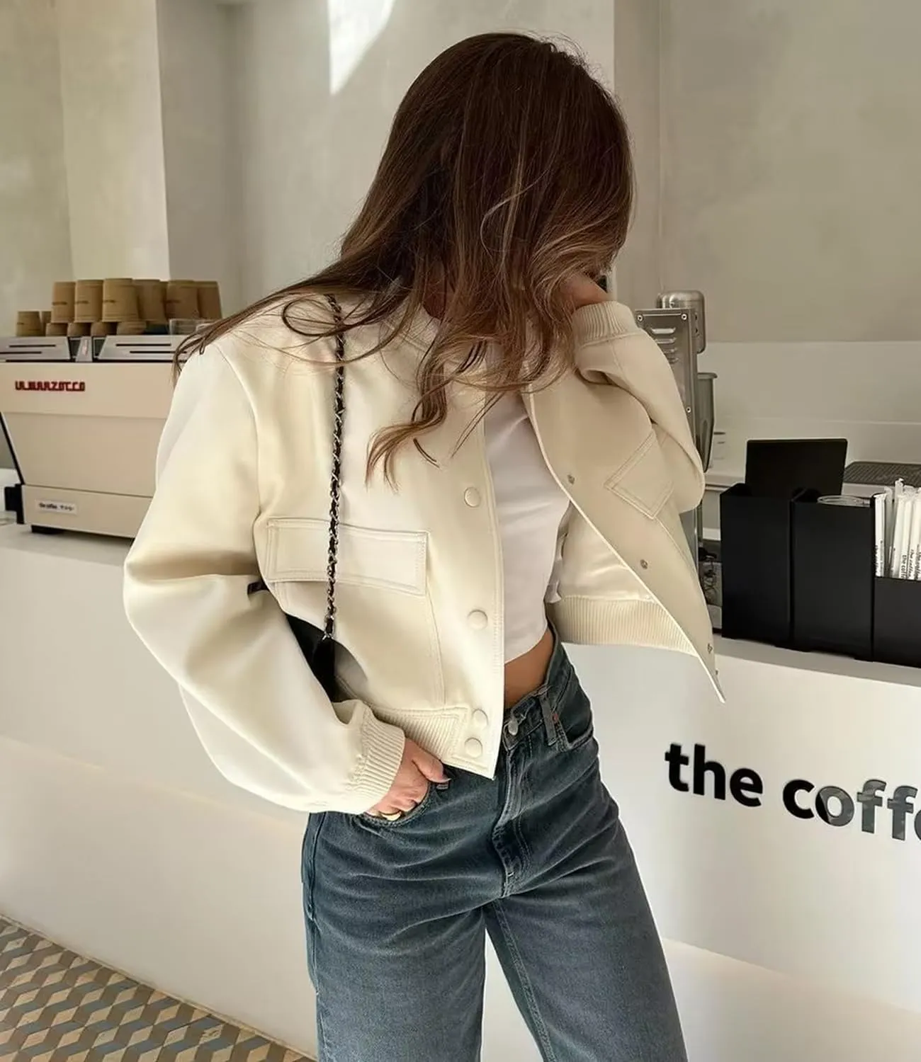 Modegal Women's Spring Varsity Bomber Jackets Long Sleeve Cropped Button Down Casual Coat with Pockets Outwear