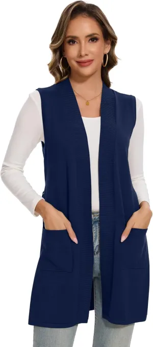 Moss Rose Long Vest for Women Sleeveless Cardigans Ribbed Knit Outwear with Belt and Pockets