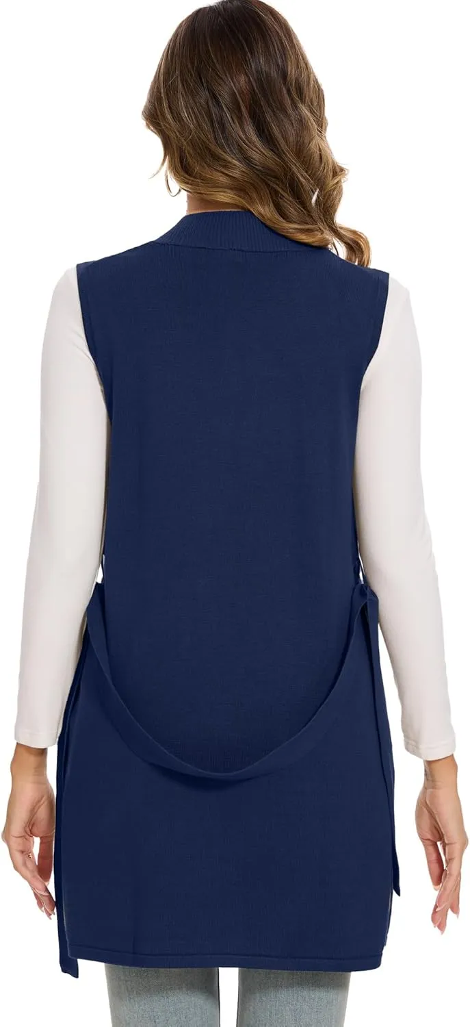 Moss Rose Long Vest for Women Sleeveless Cardigans Ribbed Knit Outwear with Belt and Pockets