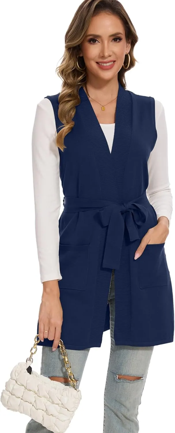 Moss Rose Long Vest for Women Sleeveless Cardigans Ribbed Knit Outwear with Belt and Pockets