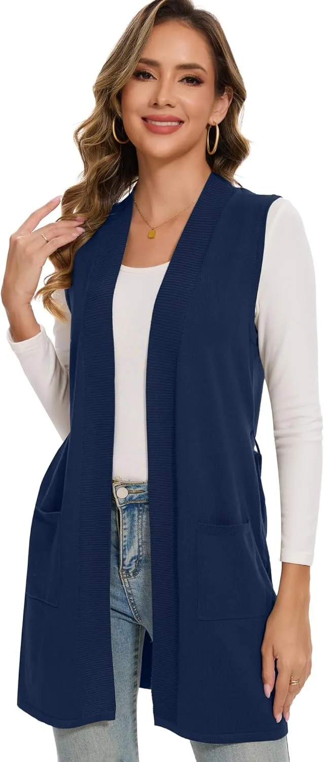 Moss Rose Long Vest for Women Sleeveless Cardigans Ribbed Knit Outwear with Belt and Pockets