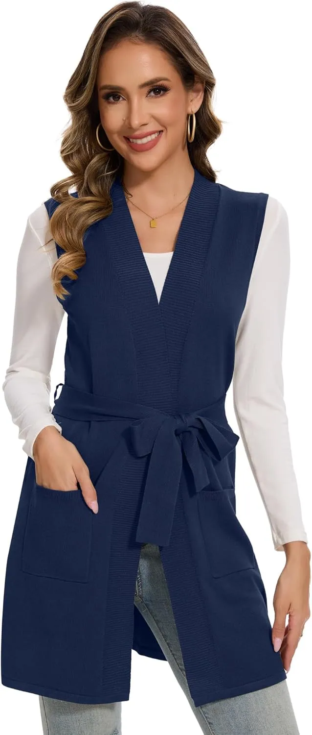 Moss Rose Long Vest for Women Sleeveless Cardigans Ribbed Knit Outwear with Belt and Pockets