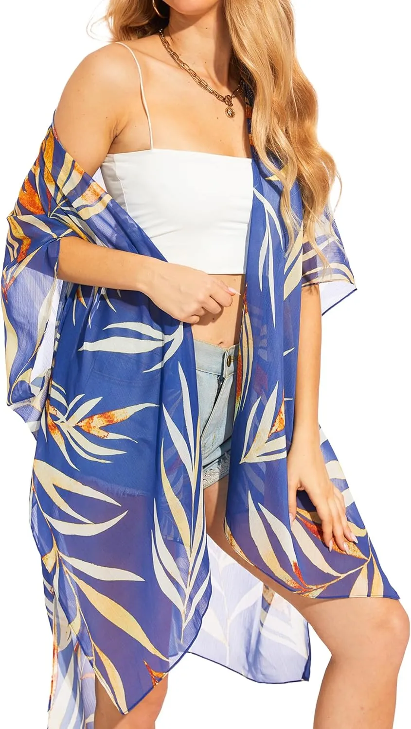Moss Rose Women's Chiffon Long Kimono Beach Cover up for Summer Bathing Suits Cardigans Casual Loose Swimwear