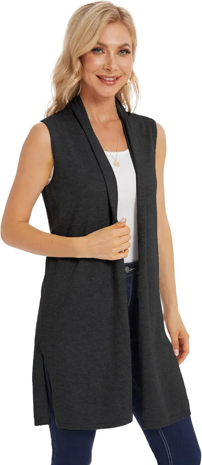 Moss Rose Women's Long Knit Cardigan Vest Casual Sleeveless Open Front Draped Duster Vest (Available in Plus Size)