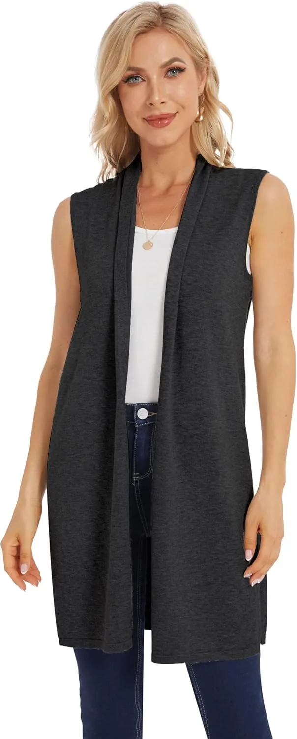 Moss Rose Women's Long Knit Cardigan Vest Casual Sleeveless Open Front Draped Duster Vest (Available in Plus Size)