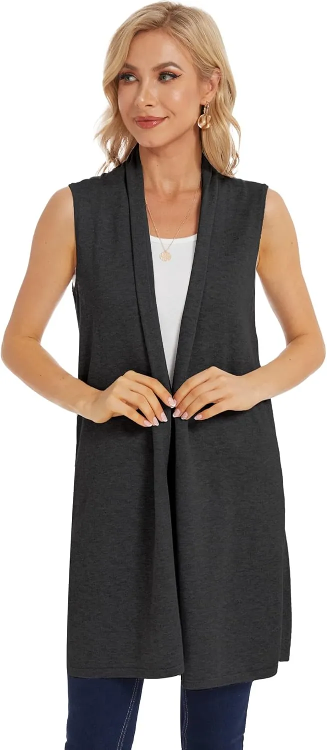Moss Rose Women's Long Knit Cardigan Vest Casual Sleeveless Open Front Draped Duster Vest (Available in Plus Size)