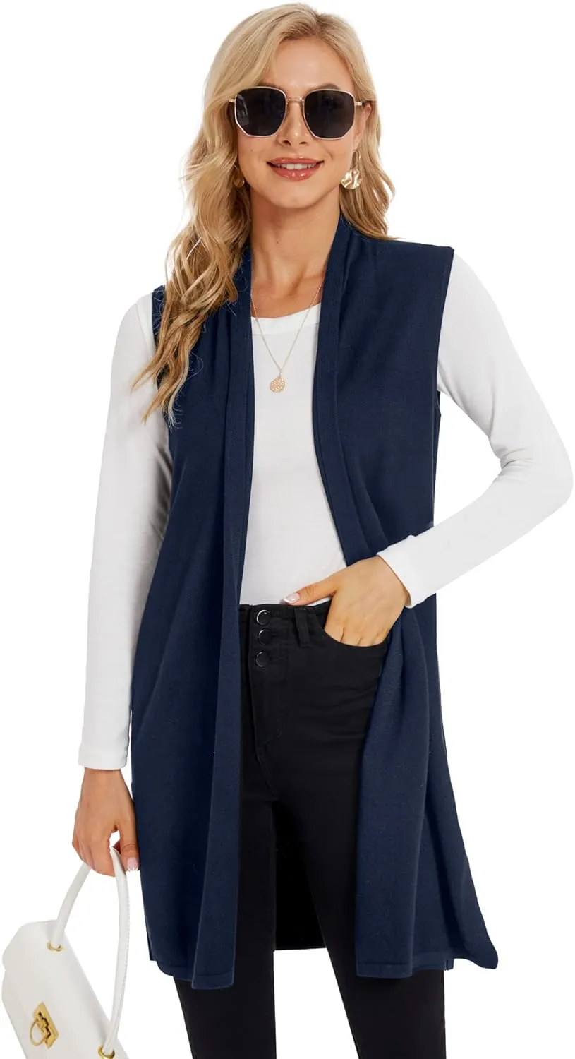 Moss Rose Women's Long Knit Cardigan Vest Casual Sleeveless Open Front Draped Duster Vest (Available in Plus Size)