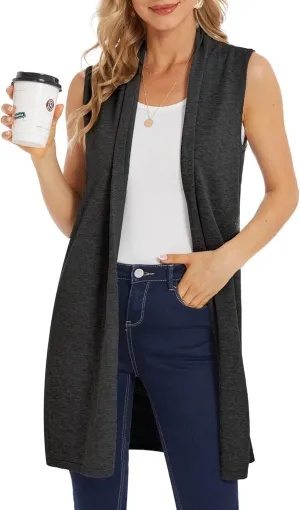 Moss Rose Women's Long Knit Cardigan Vest Casual Sleeveless Open Front Draped Duster Vest (Available in Plus Size)
