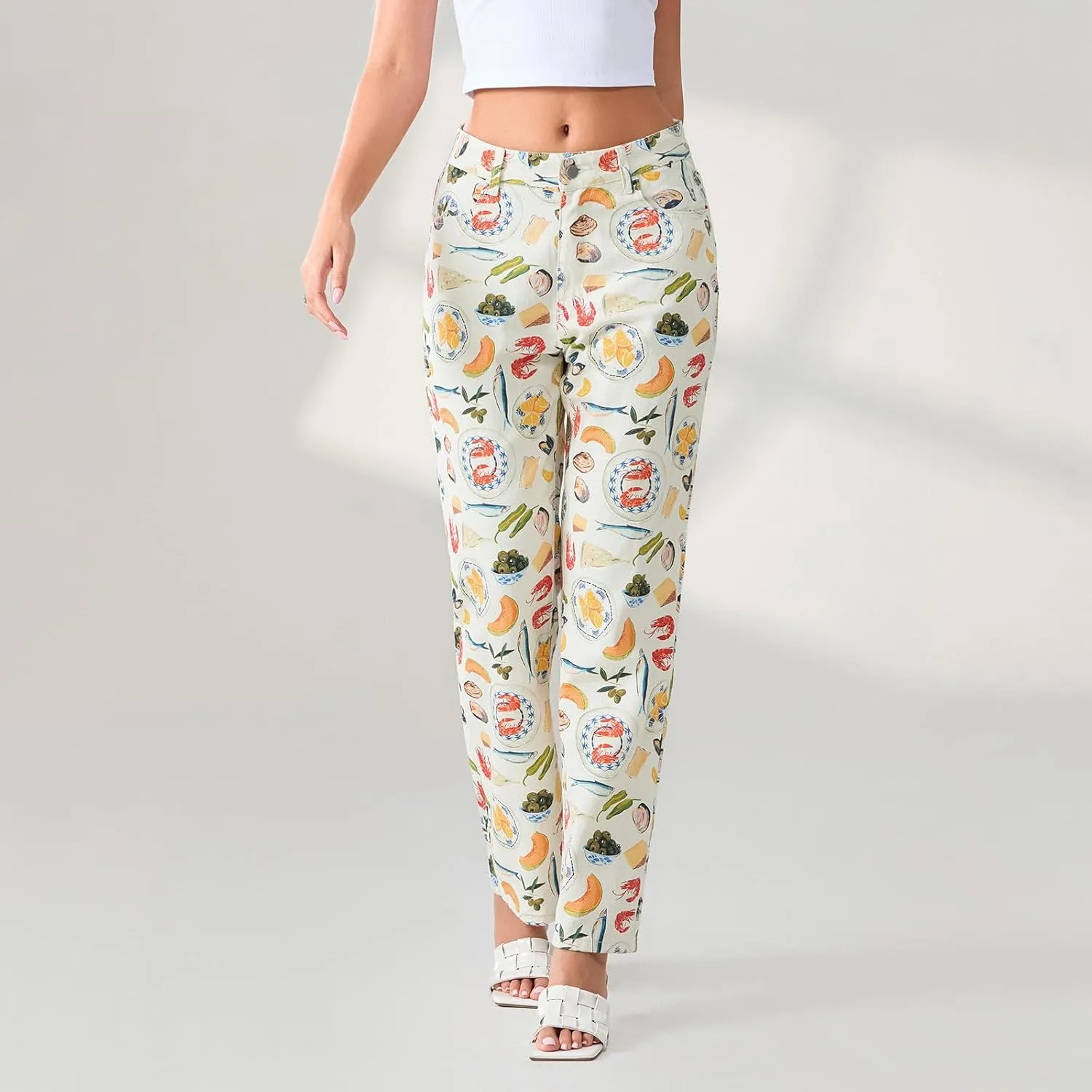 Muineobuka Women Y2k Fruit Print Jeans Graphic Print High Neck Straight Leg Denim Pants Aesthetic Jeans Summer Streetwear