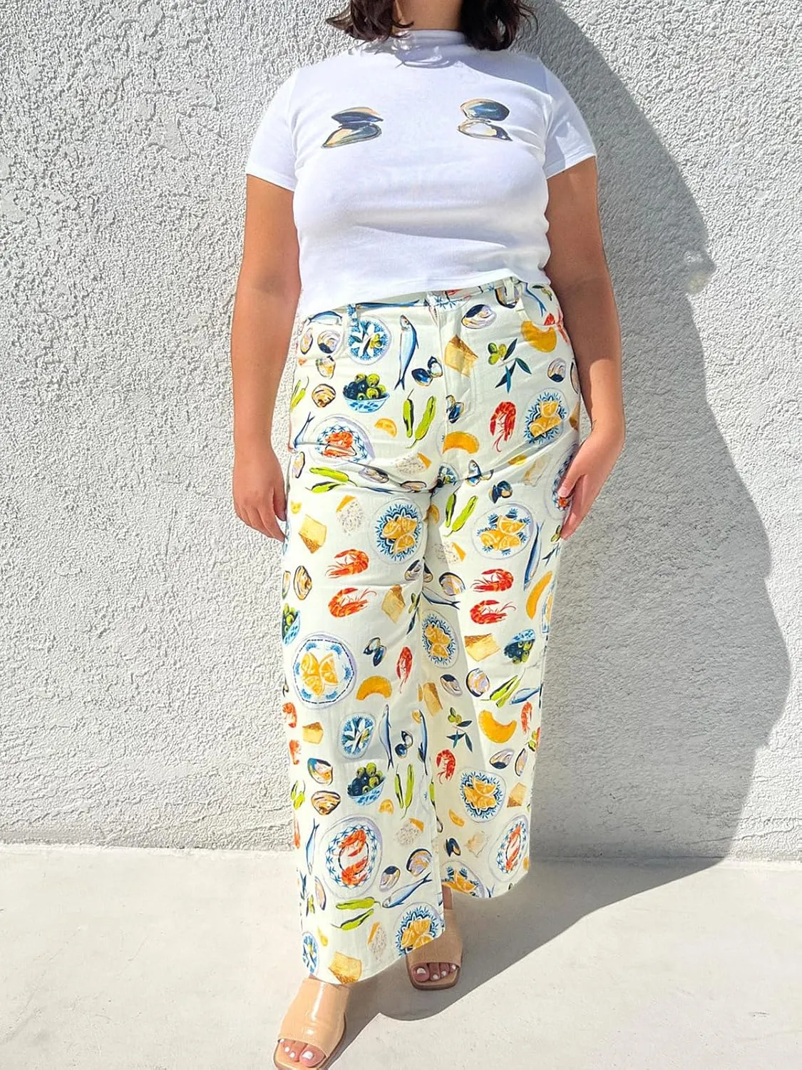 Muineobuka Women Y2k Fruit Print Jeans Graphic Print High Neck Straight Leg Denim Pants Aesthetic Jeans Summer Streetwear