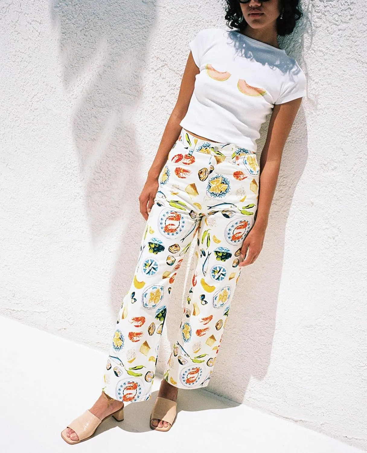 Muineobuka Women Y2k Fruit Print Jeans Graphic Print High Neck Straight Leg Denim Pants Aesthetic Jeans Summer Streetwear