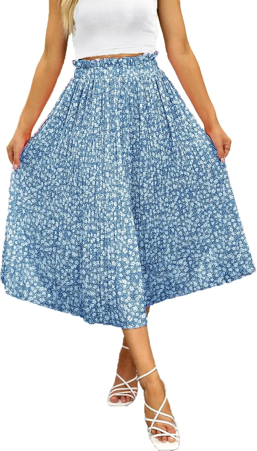 Naggoo Women's Skirts High Elastic Waisted Casual Skirt Pleated Floral/Solid Midi Skirts with Pockets
