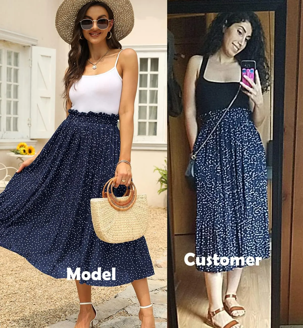 Naggoo Women's Skirts High Elastic Waisted Casual Skirt Pleated Floral/Solid Midi Skirts with Pockets