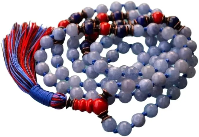 Natural Aquamarine Lapis Lazuli Red Coral 8mm 108 Mala Beads, Spiritual, Meditation Beads, Reiki, Japa Mala, Buddhist Prayer Beads, Yoga Bracelet, healing beads LKMALA-RRGU-1741