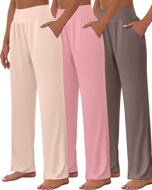 Neer 3 Pcs Women's Wide Leg Yoga Pant Comfy Loose High Waist Lounge Waist Lounge Casual Athletic Workout Joggers Apparel(X-Large,Light Khaki, Brown, Dusty Pink)