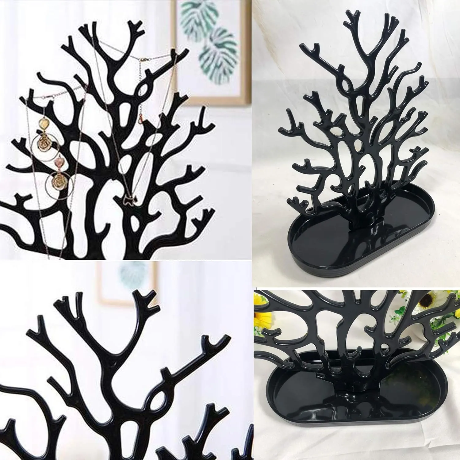 NewFerU Coral Tree Jewelry Hanging Stand Display Table Top Necklace Bracelet Holder Earring Hanger Organizer Rack Tower with a Ring Watch Dish Tray for Women Girls (Black)