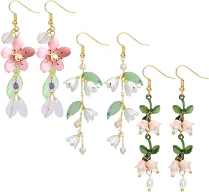 NEWITIN 3 Pairs Long Flower Earrings for Women Hypoallergenic Earring Leaf Floral Tassel Earring Statement Flower Dangle Pink Floral Earrings for Women